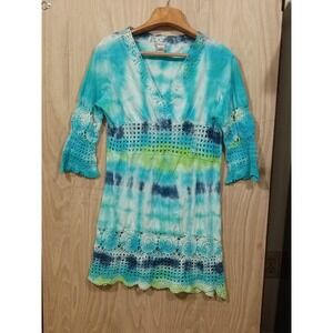 Silhouettes Blue Green Tie dye Crotchet Lace And Three Quarter Sleeves XL Dress.